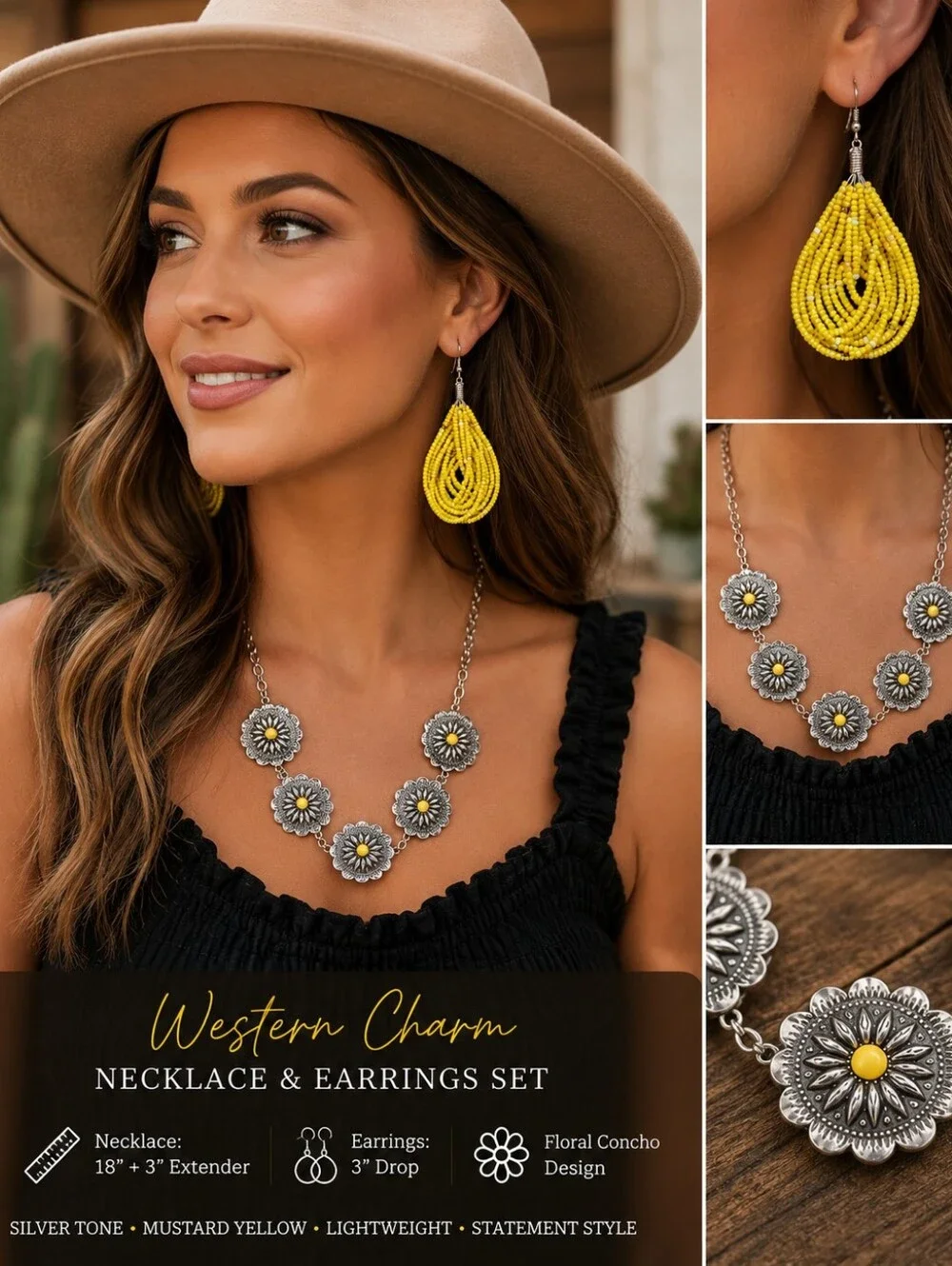 Silver Tone Floral Concho Necklace & Mustard Yellow Beaded Earrings Set